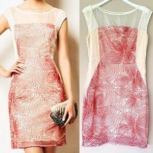 Weston @ Anthropologie Women L Red Stitched Sheath Dress Red Ivory Embroidered
